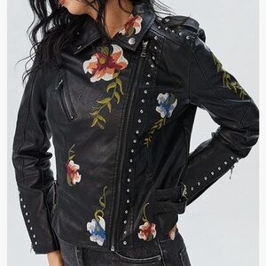 Leather jacket - Faux - Embroidered - Floral - USED